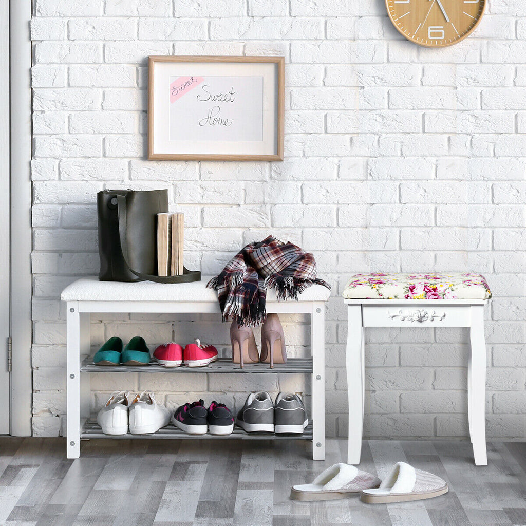 Vanity Wood Dressing Stool with Rose Cushion - White