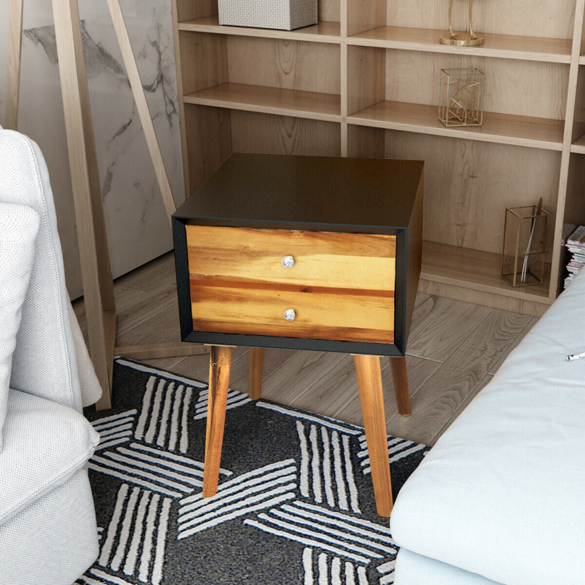 Mid-Century End Table with Storage Drawers - White