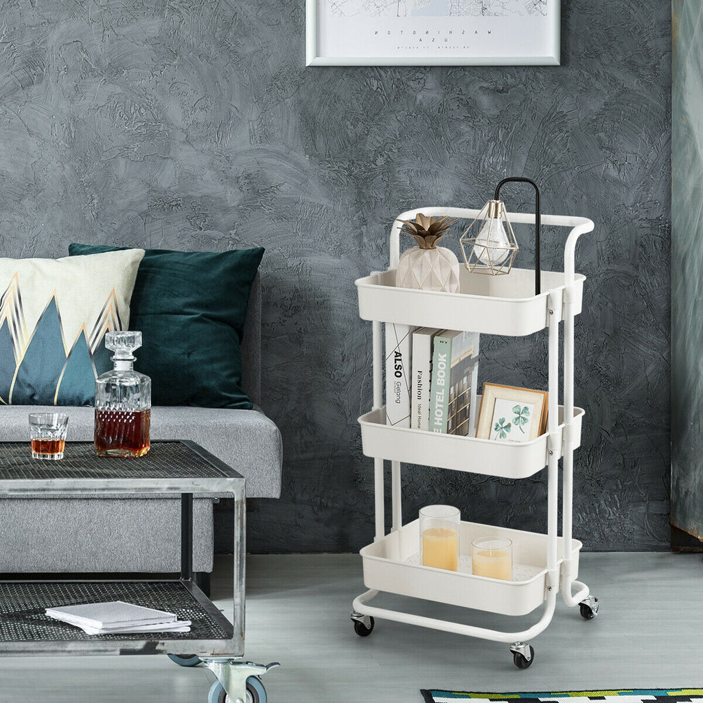 3-Tier Rolling Storage Cart with ABS Basket, White