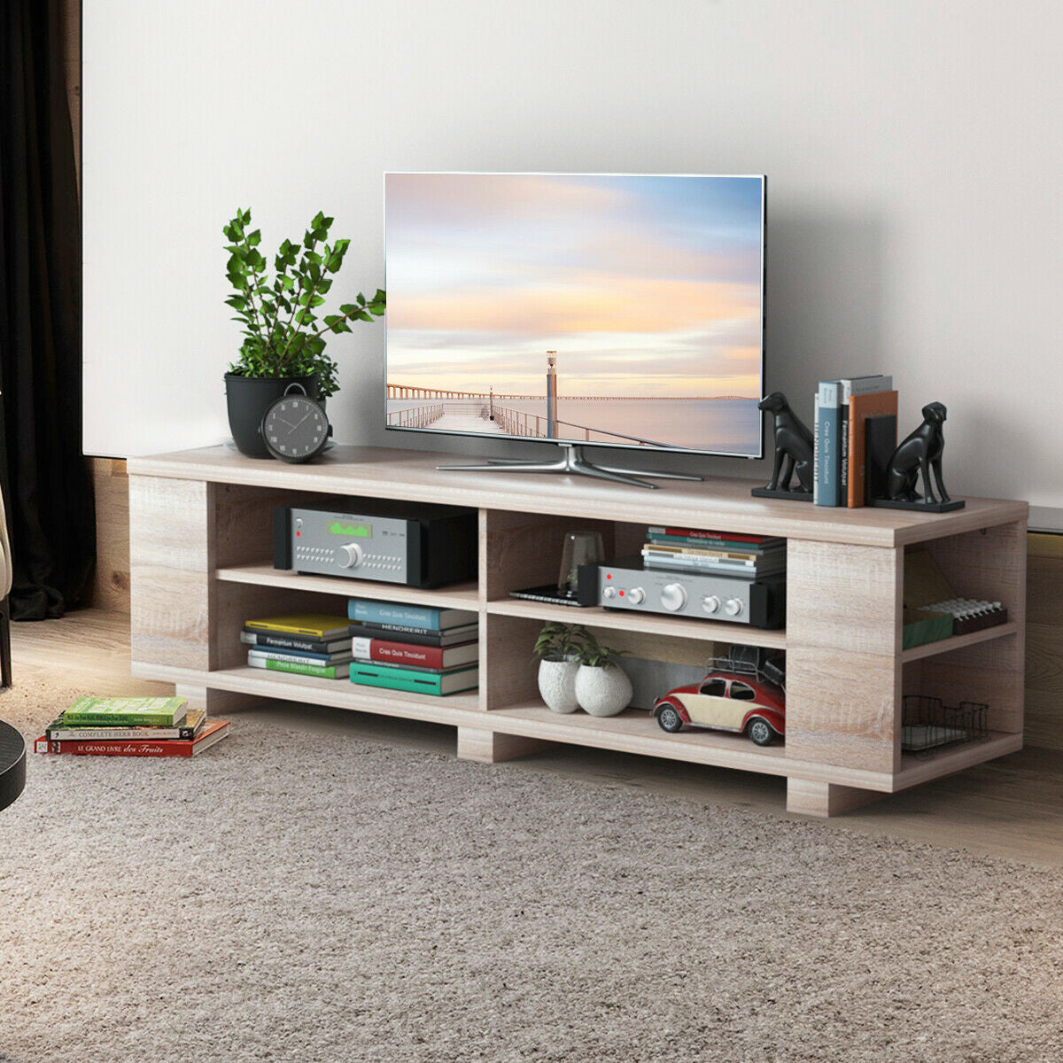 Wooden TV Stand with 8 Open Shelves for 65-Inch TVs - Walnut