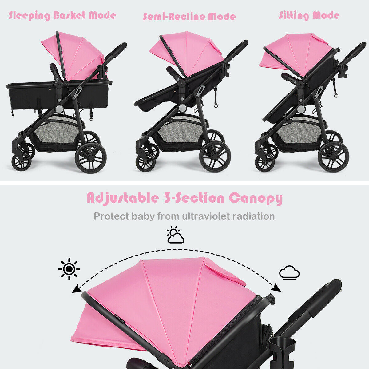 2-in-1 Foldable Baby Stroller with Cup Holder - Pink, Infant & Newborn