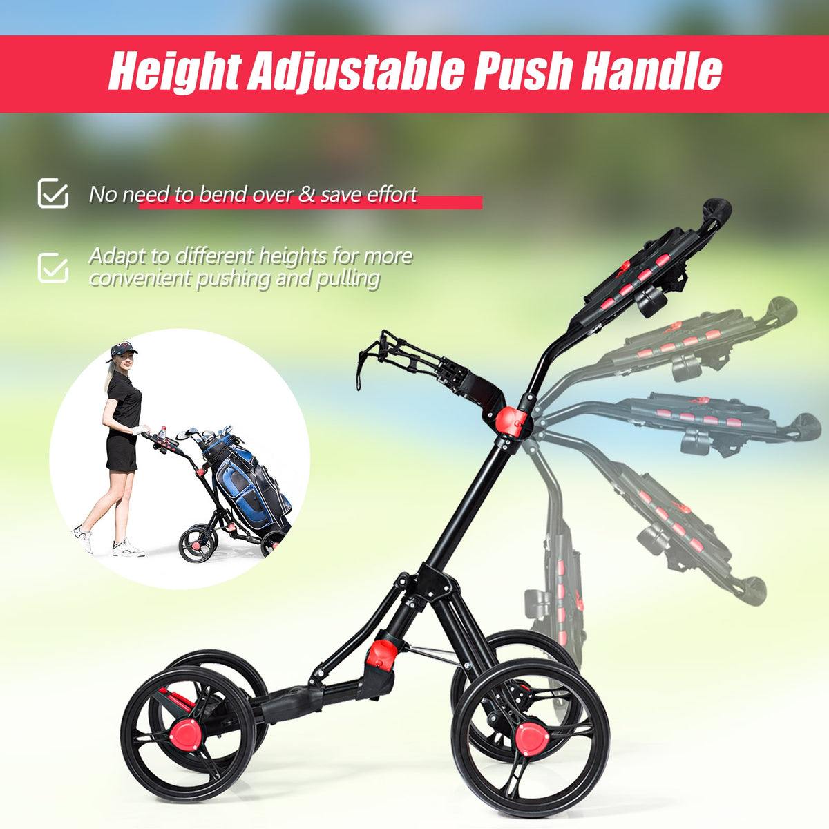 4 Wheel Folding Golf Push Cart Trolley with Adjustable Handle & Accessories