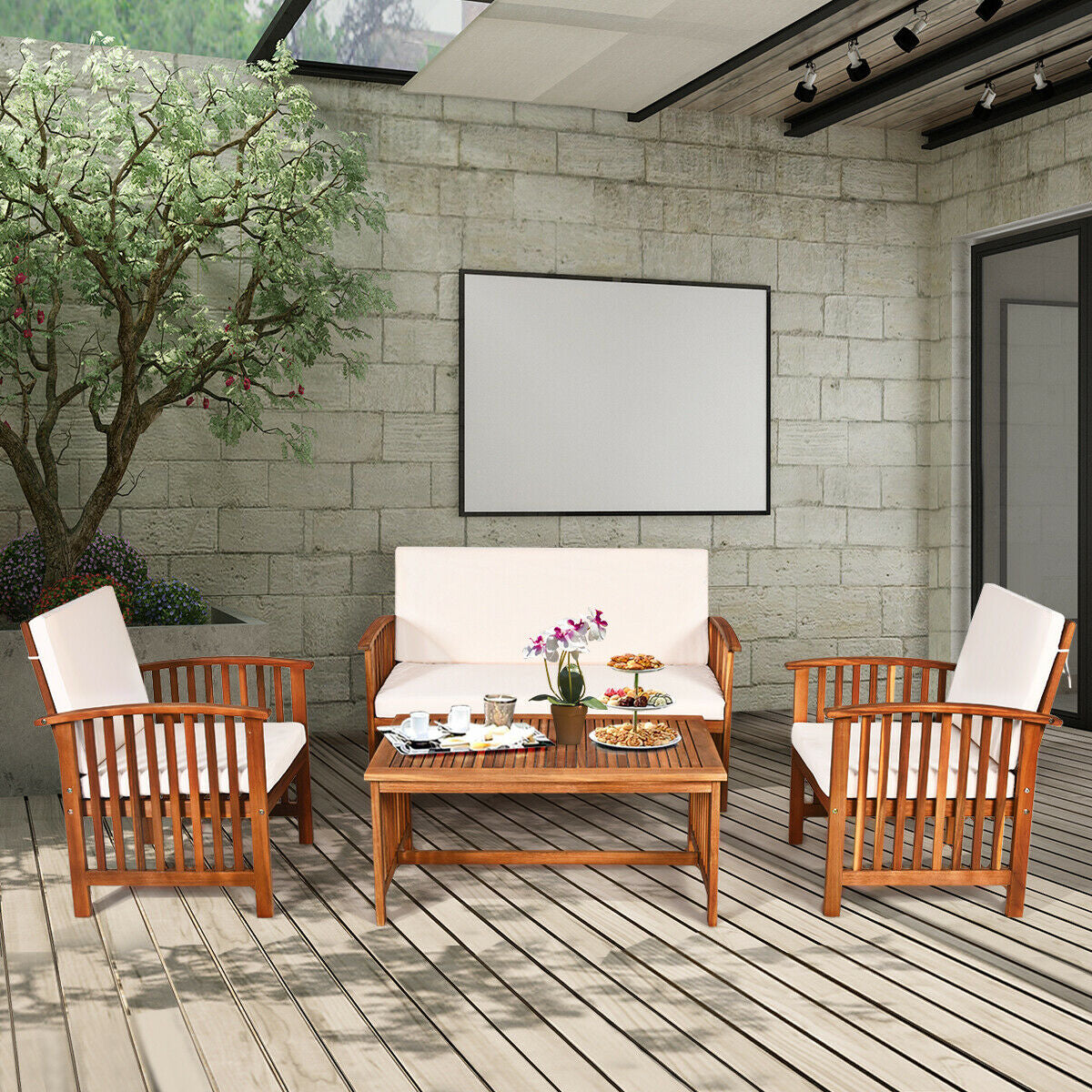4-Piece Acacia Patio Furniture Set with Cushions - Style 2, Blue