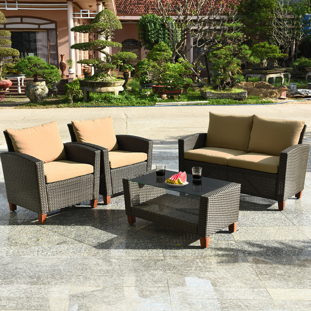 4-Piece Patio Rattan Furniture Set with Cushions