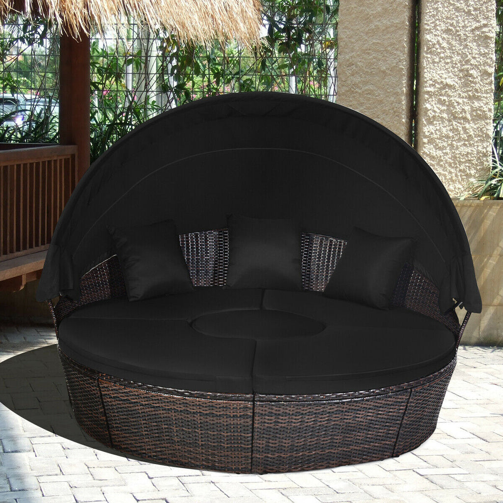 Patio Round Rattan Daybed with Retractable Canopy and Height