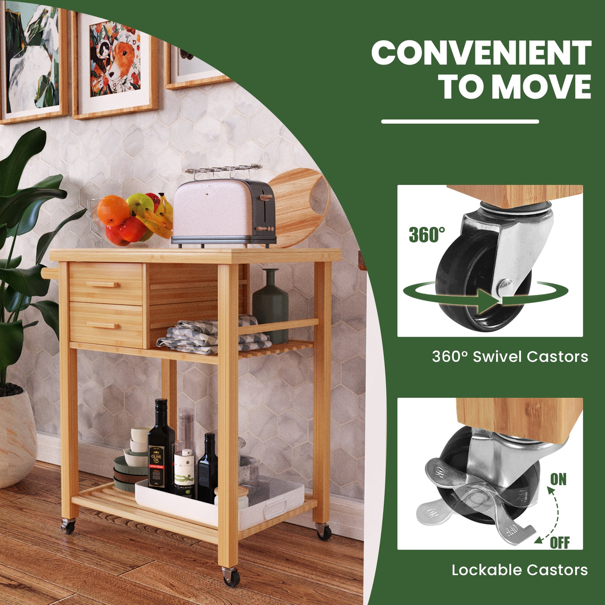 Bamboo Kitchen Trolley Cart with 2 Drawers