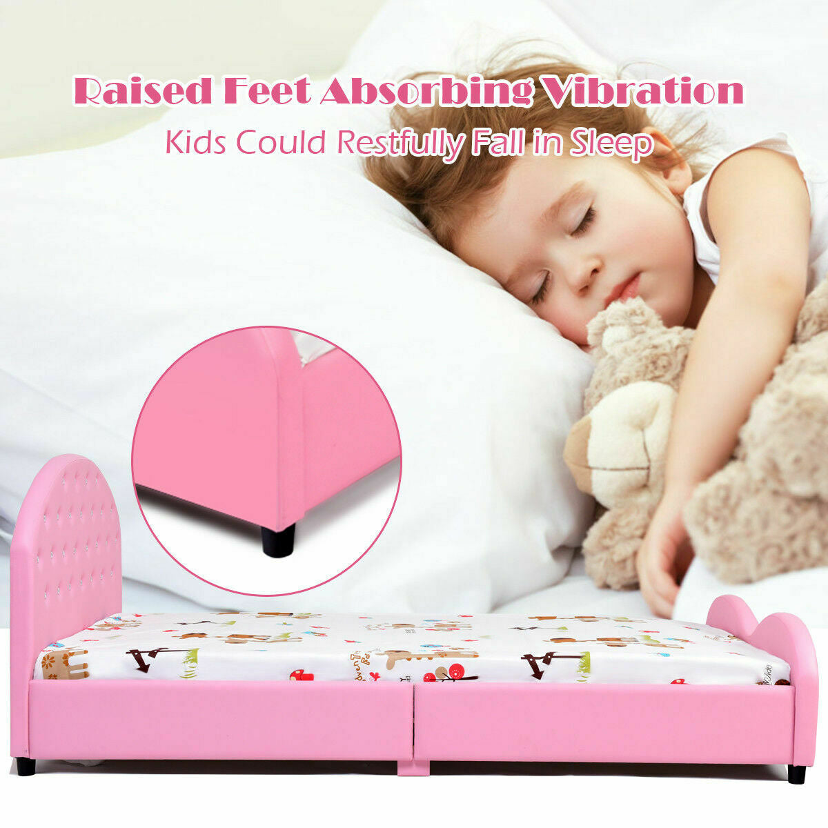 Twin Size Upholstered Toddler Bed with Wood Slat Support and Diamonds Variation