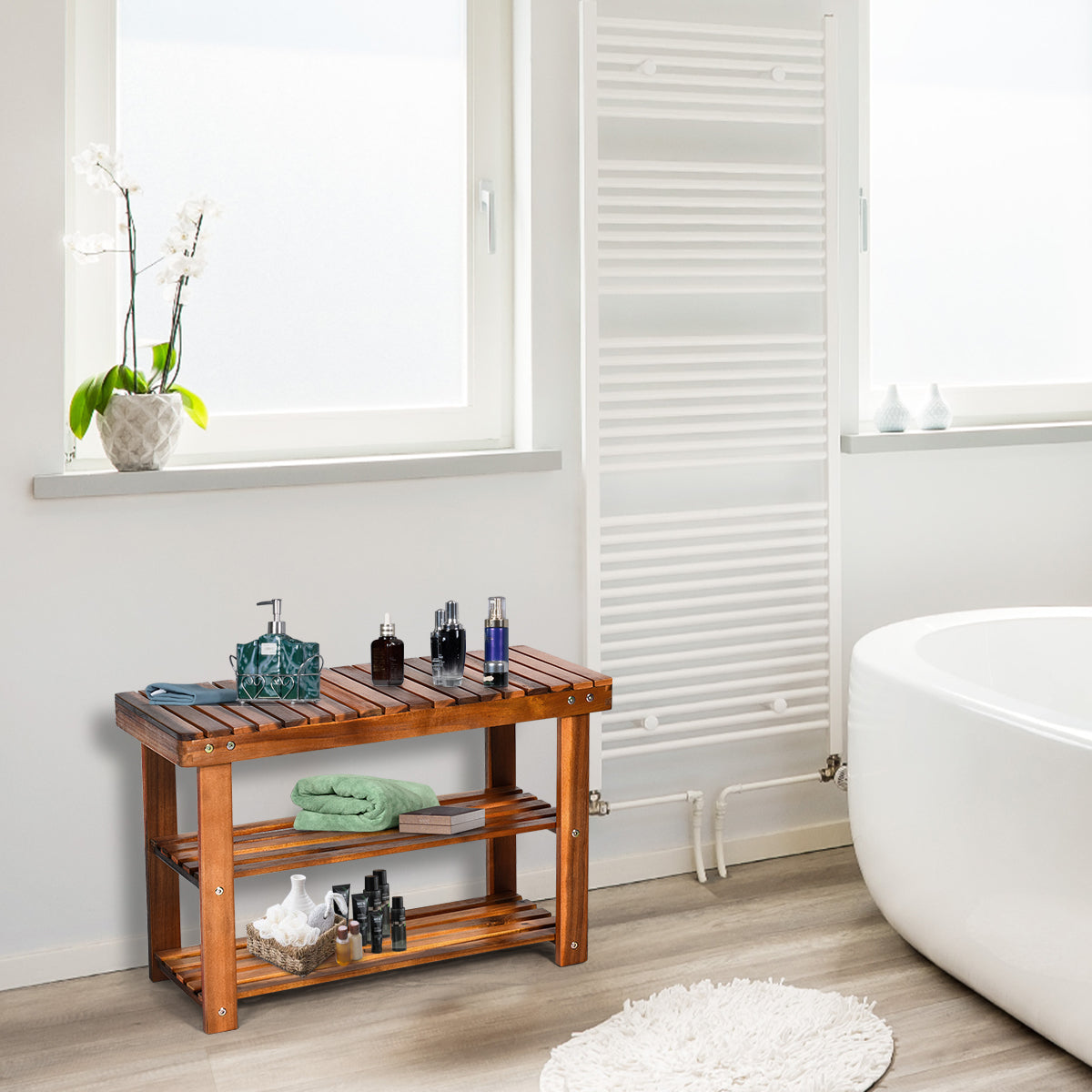 Acacia Wood Bench with 3-Tier Storage Shelves - 27.5"