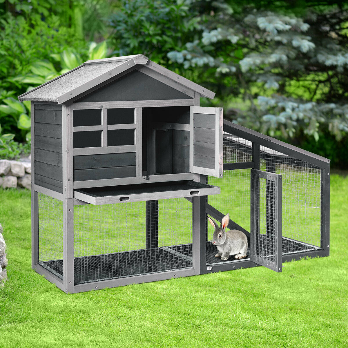 Wooden Rabbit Hutch with Pull-Out Tray and Ramp - 56.5 Inch Long Animal Cage