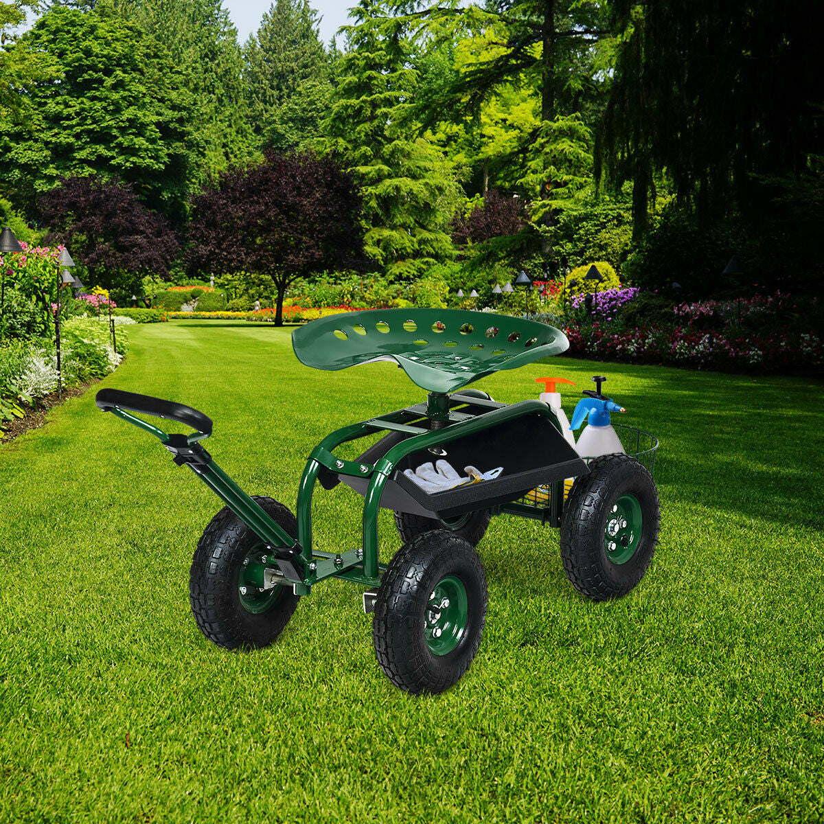 Garden Cart with 360 Swivel Seat & Tool Tray – Green