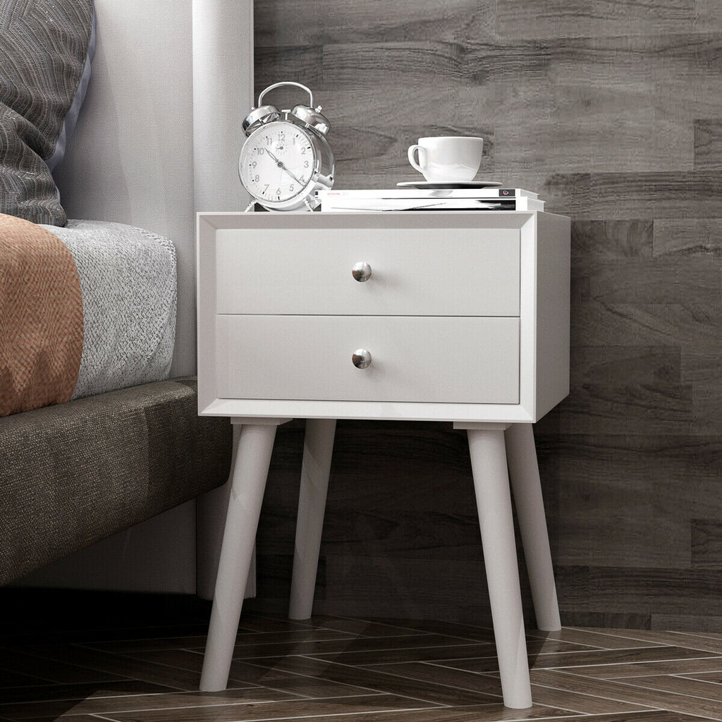Mid-Century End Table with Storage Drawers - White