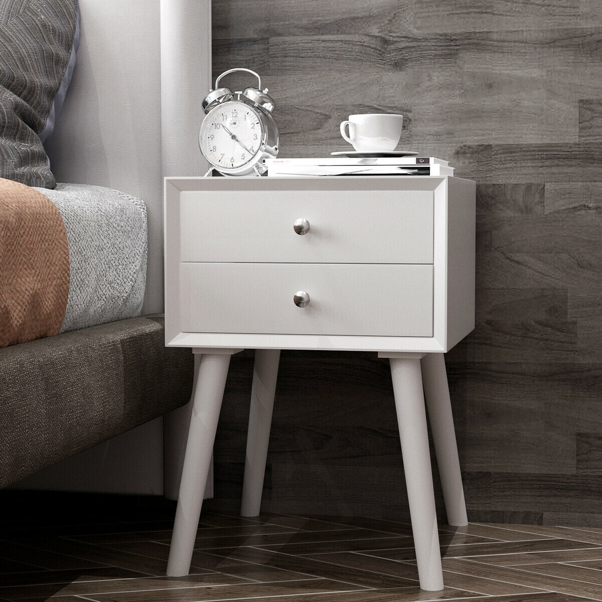 Mid-Century End Table with Storage Drawers - White
