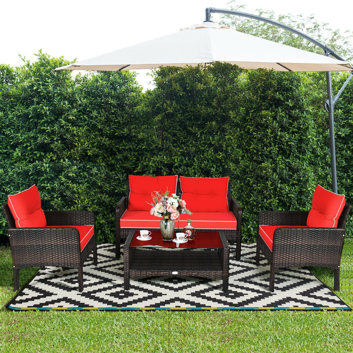 4-Piece Patio Rattan Sofa Set with Coffee Table - Red