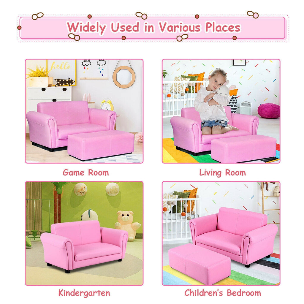 Pink Kid's Double Couch Lounge Sofa with Ottoman - Childrens Play & Sleep