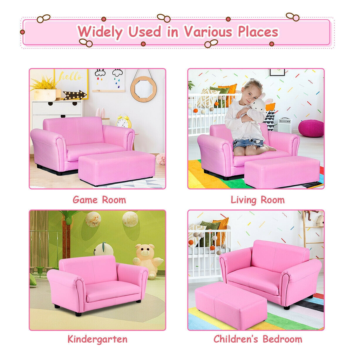 Pink Kid's Double Couch Lounge Sofa with Ottoman - Childrens Play & Sleep