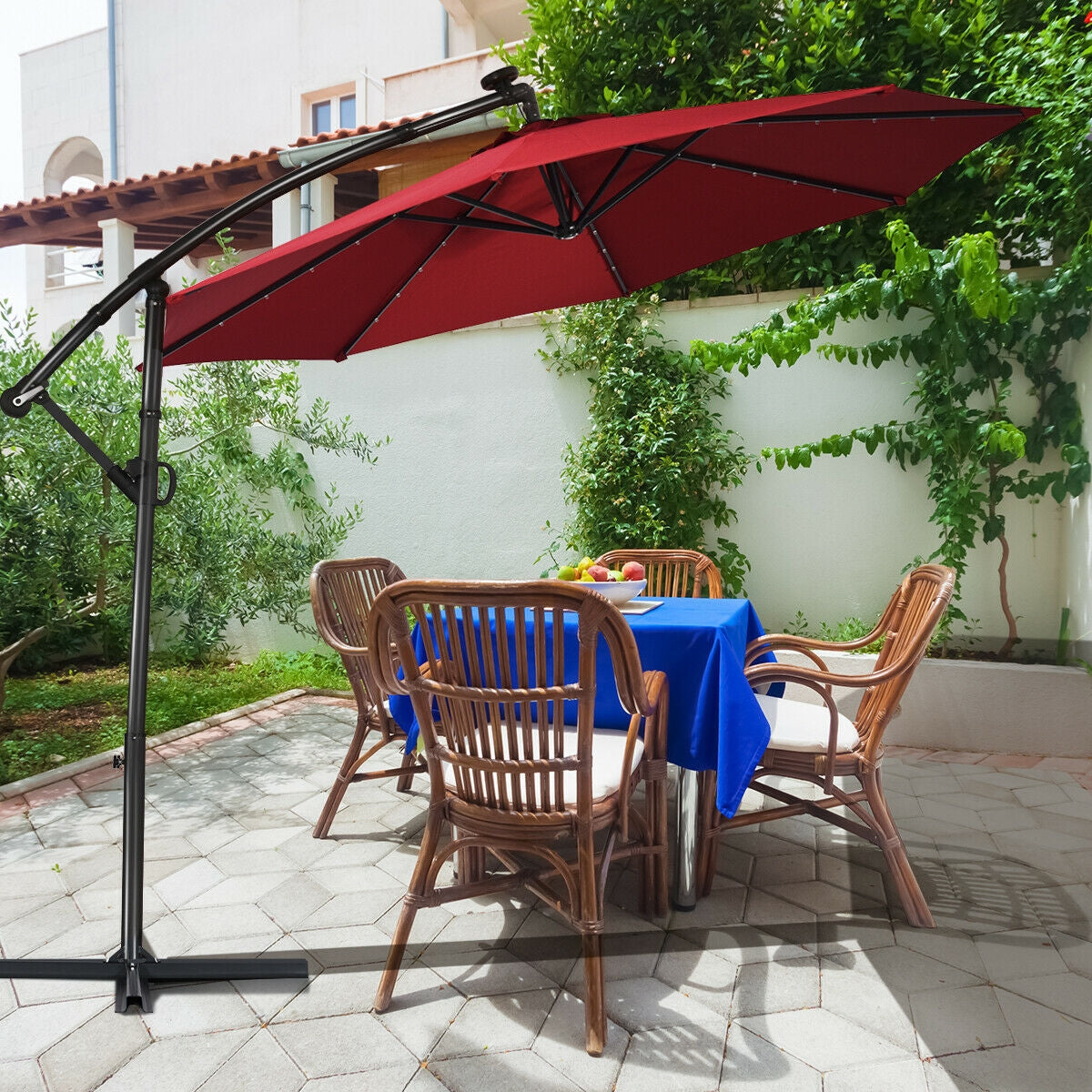10 x 8 Feet Solar LED Patio Umbrella 360° Rotation, Dark Red