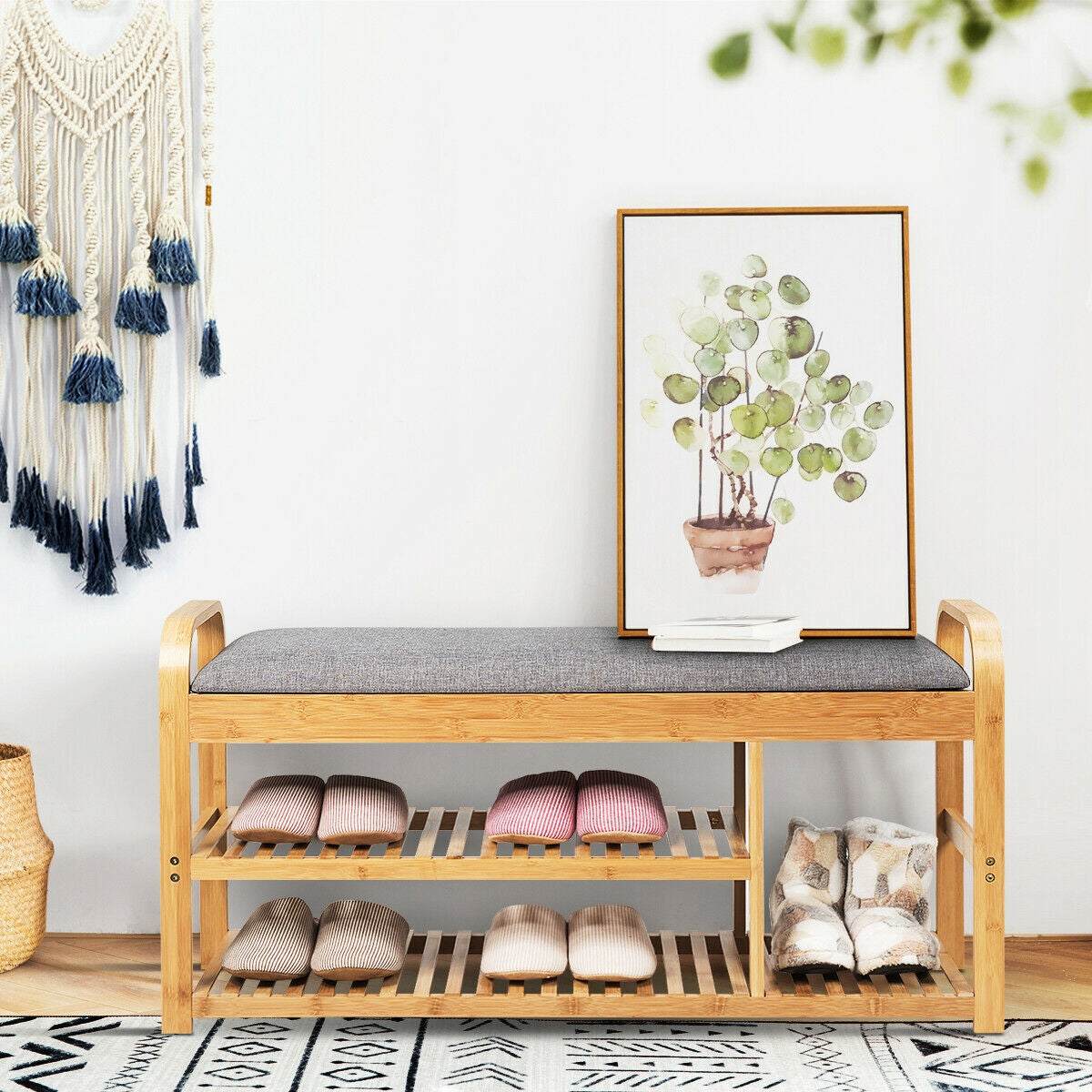 Bamboo Shoe Rack Bench with Cushion - 40", Natural