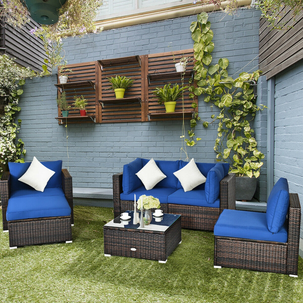 6-Piece Patio Rattan Sectional Set with Cushions - Blue