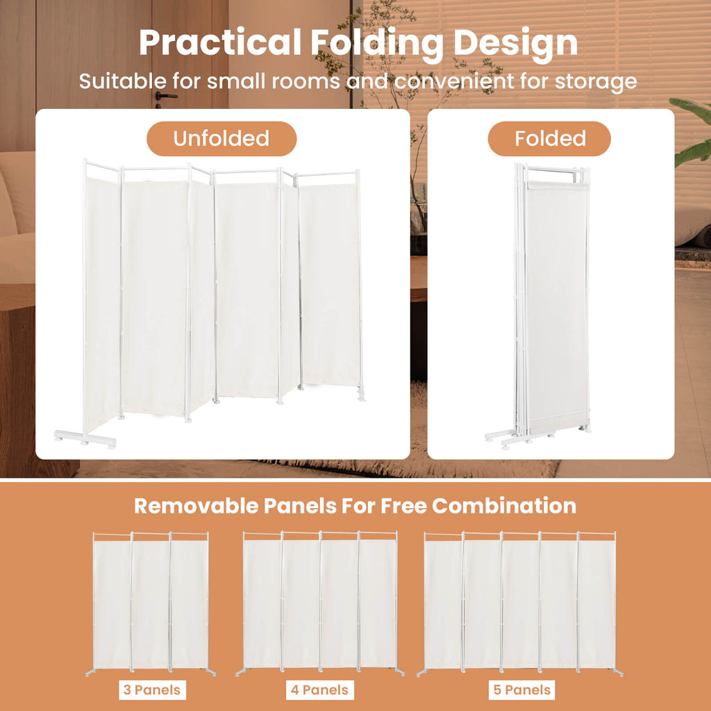 6-Panel Room Divider with Steel Support Base - White, No Wheels, Adjustable Feet