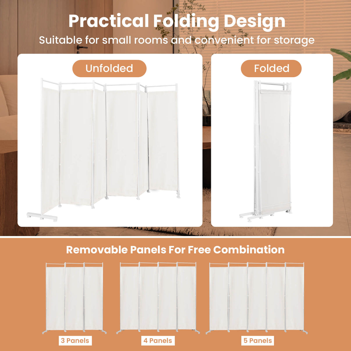 6-Panel Room Divider with Steel Support Base - White, No Wheels, Adjustable Feet