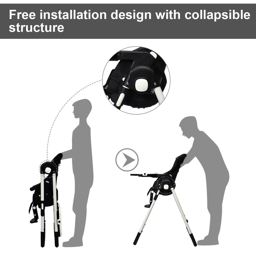 Foldable Baby High Chair with Adjustable Backrests & Safety Restraint - Black