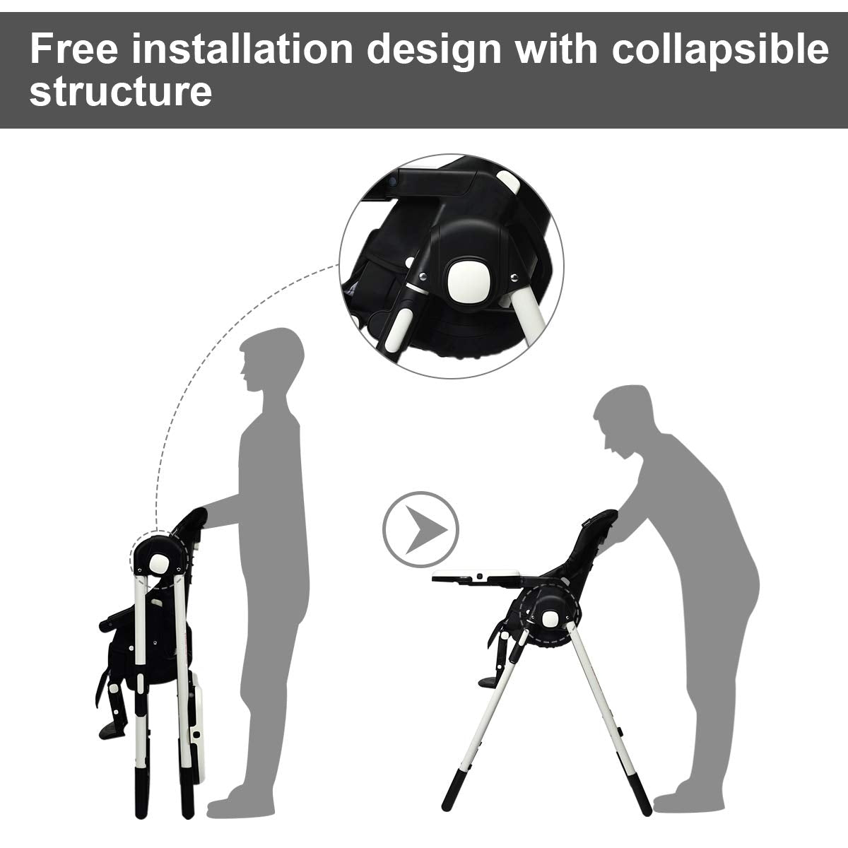 Foldable Baby High Chair with Adjustable Backrests & Safety Restraint - Black