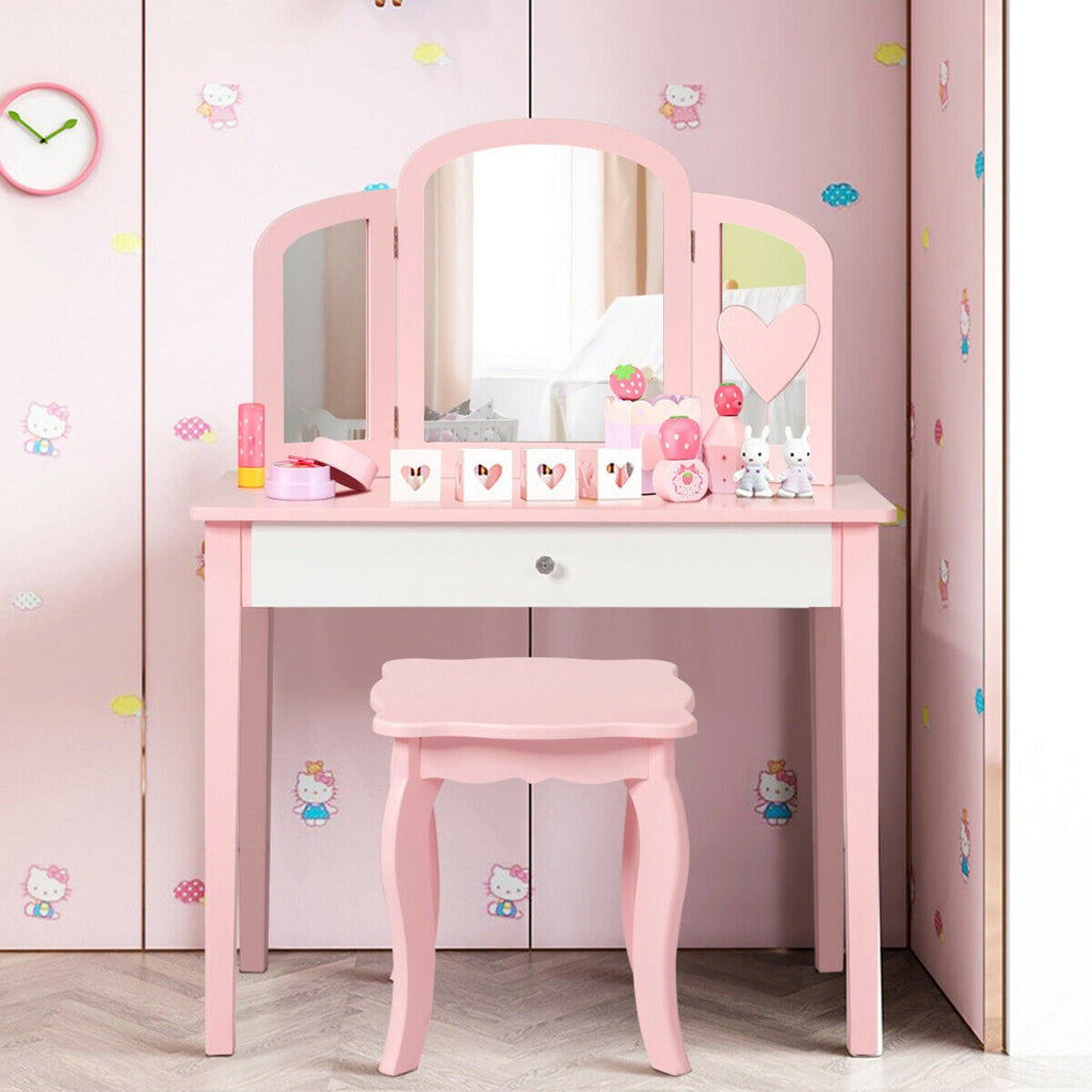 Kids Vanity Dressing Table with Tri-Fold Mirror and Chair - Pink, No Lights & Mirror