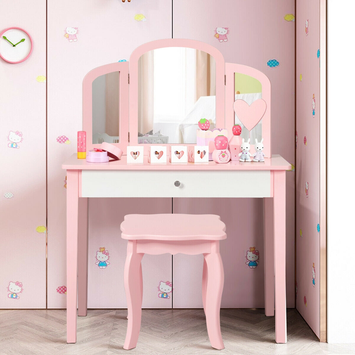 Kids Vanity Dressing Table with Tri-Fold Mirror and Chair - Pink, No Lights & Mirror