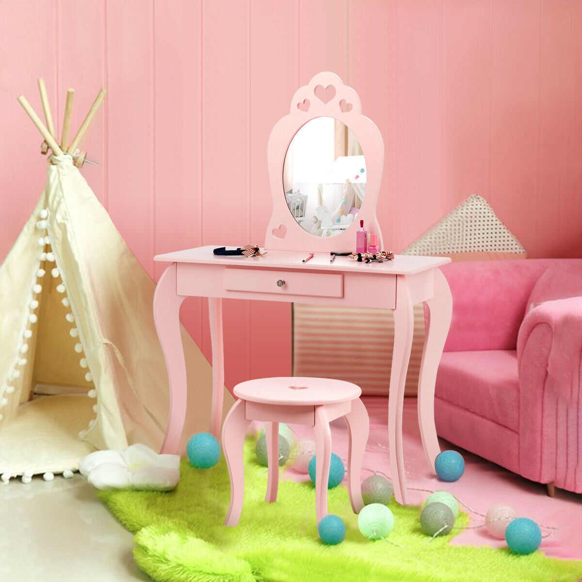 Kids Princess Makeup Dressing Play Table Set with Mirror - Pink