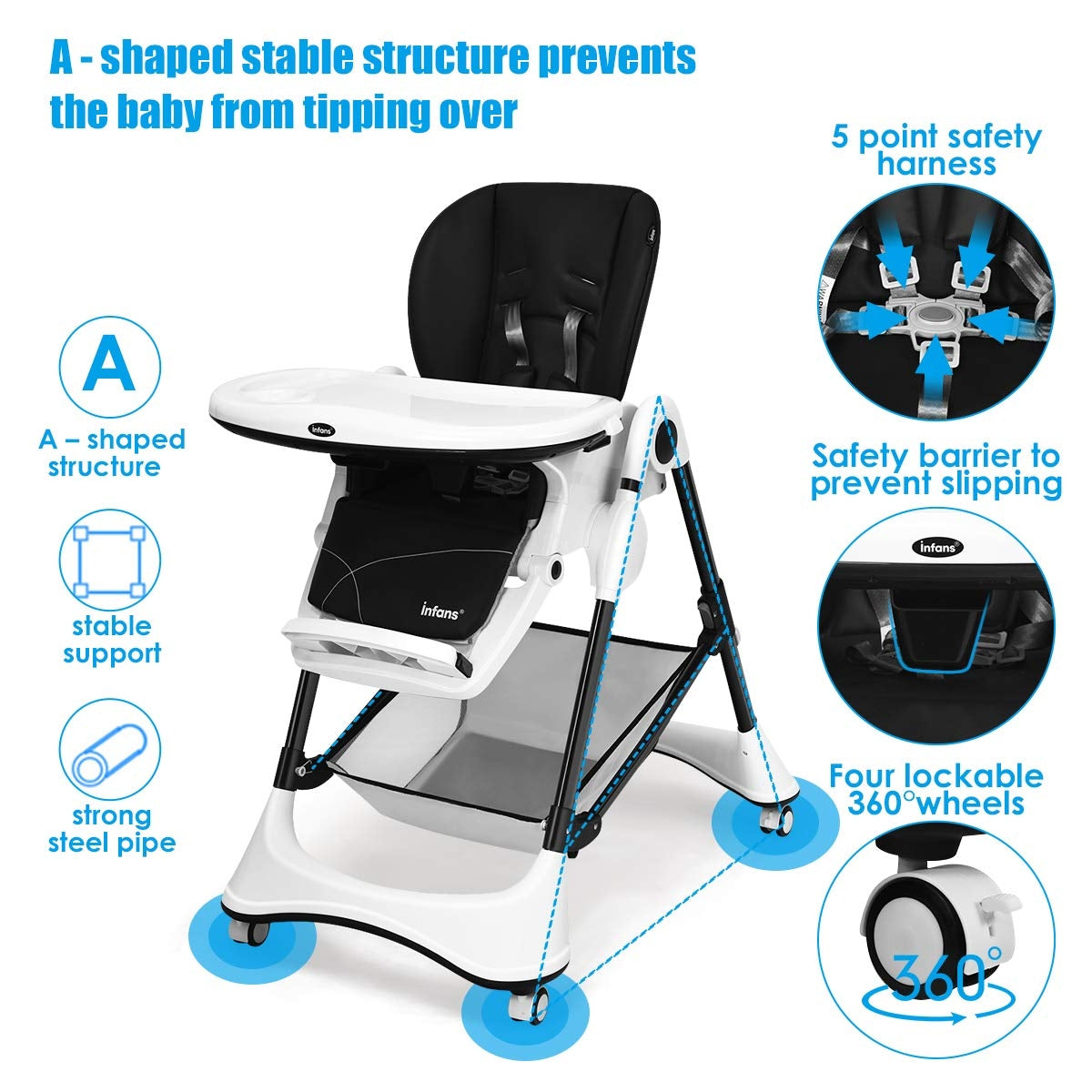 A-Shaped Baby High Chair with Lockable Wheels, Black - Foldable & Safe