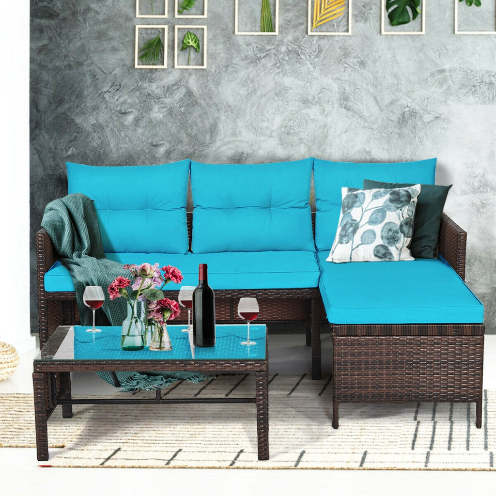 Outdoor Rattan Corner Sectional Sofa Set with Glass Table - Turquoise