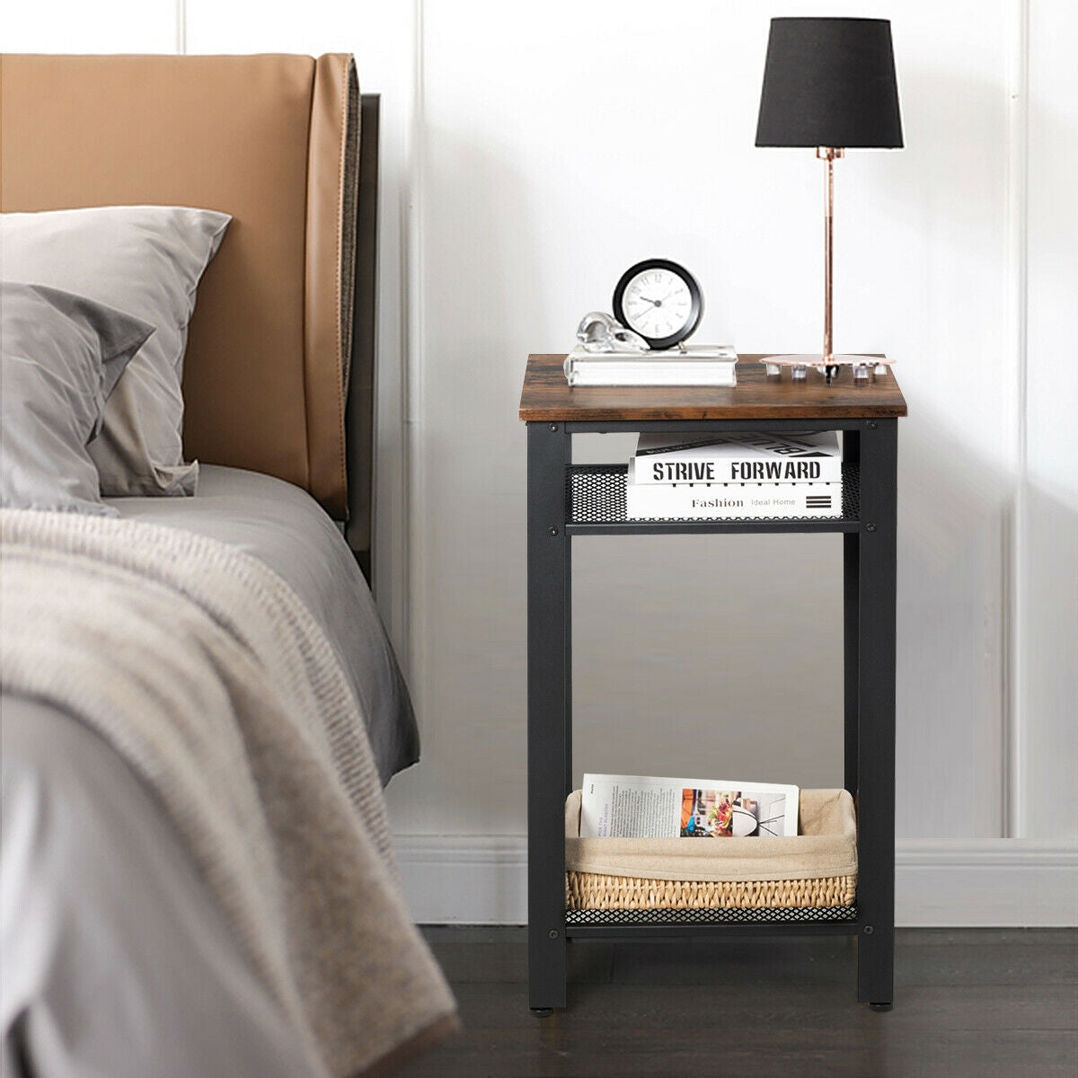 3-Tier Industrial End Table with Metal Mesh Shelves