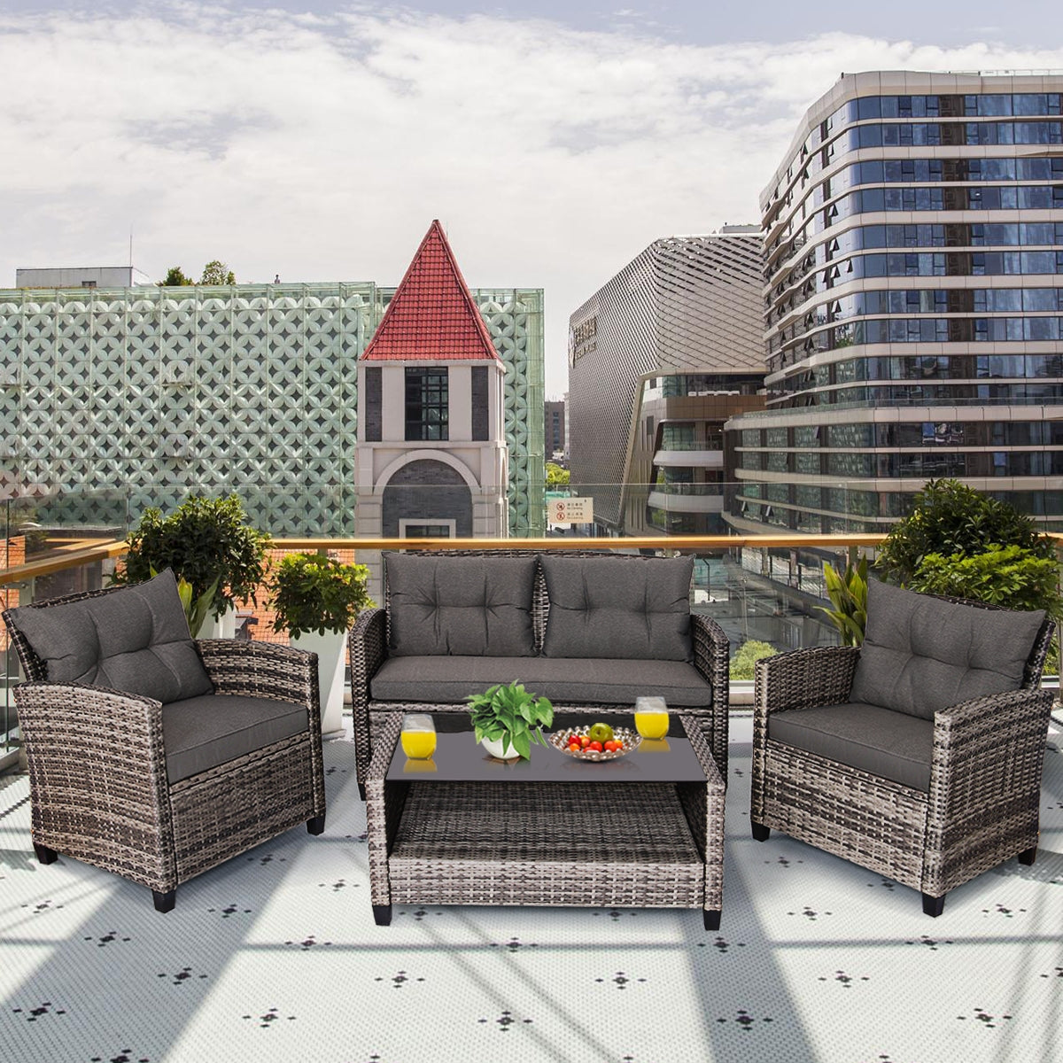 4-Piece Patio Rattan Furniture Set with Loveseat, Sofas & Coffee Table - Gray