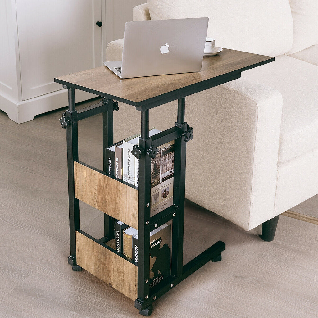 C-Shape Mobile End Table with Storage Shelves