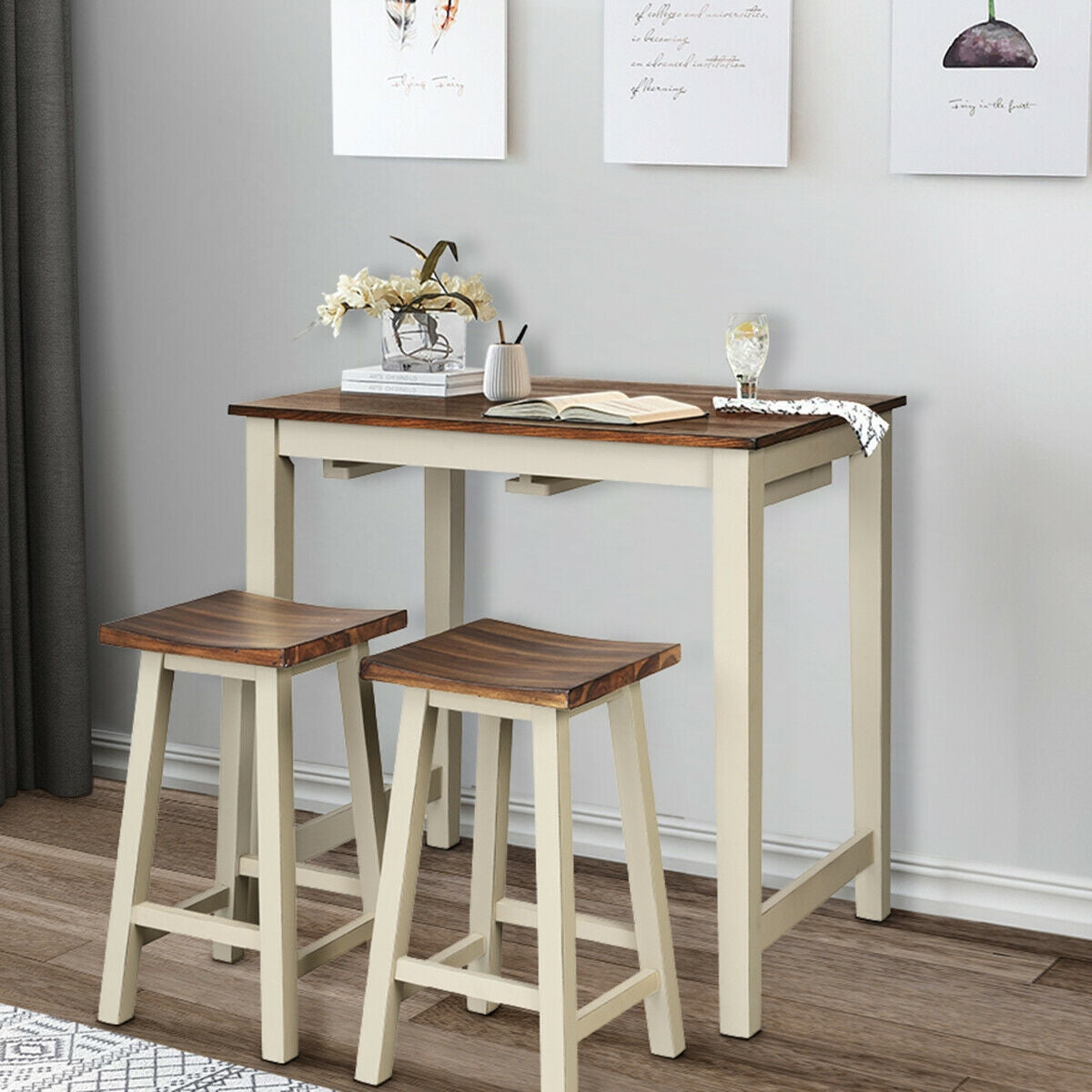 Counter Height Pub Table with 2 Saddle Bar Stools Set