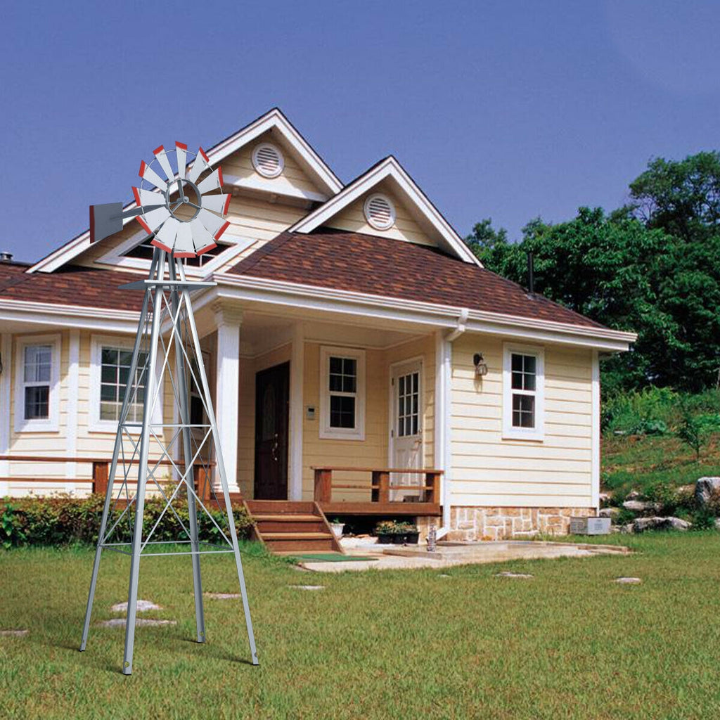 Gray 8 Feet Windmill Metal Wind Wheel Weather Resistant Yard Decor