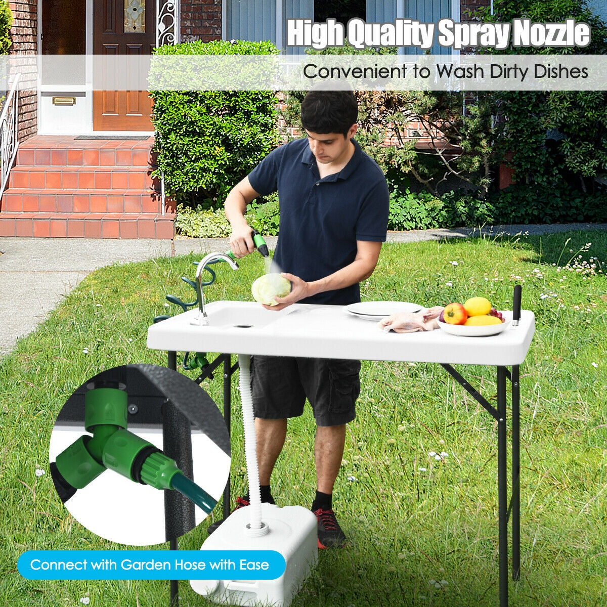 Folding Camping Sink Table with Faucet & Sprayer