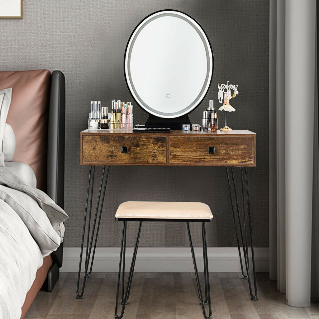 Makeup Dressing Table with LED Lighting - Rustic Brown