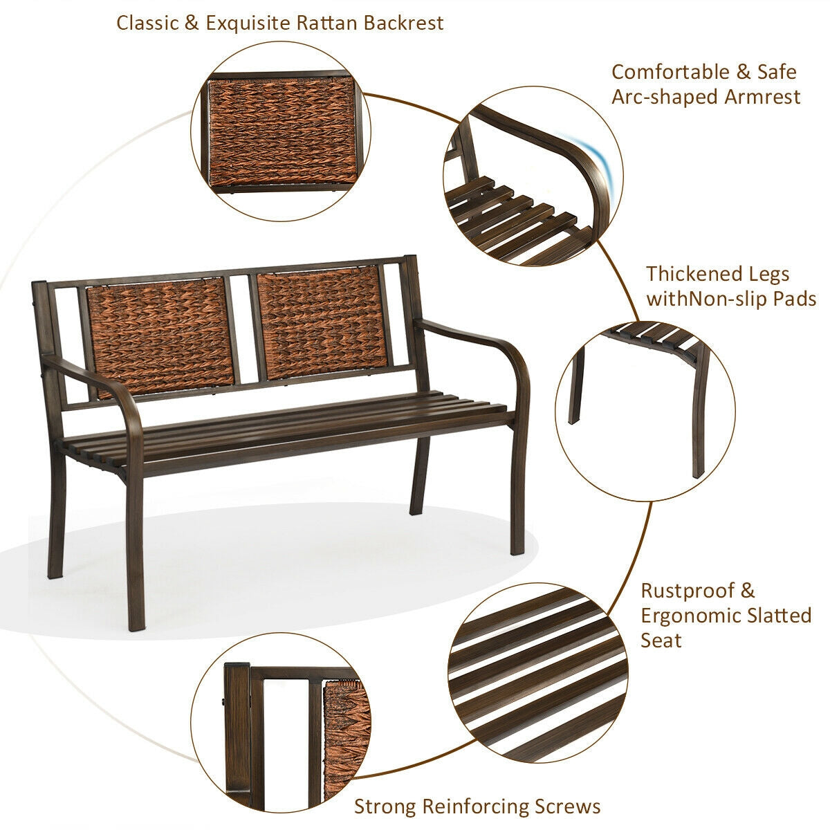Patio Garden Bench with PE Rattan & Steel Frame - Style 2