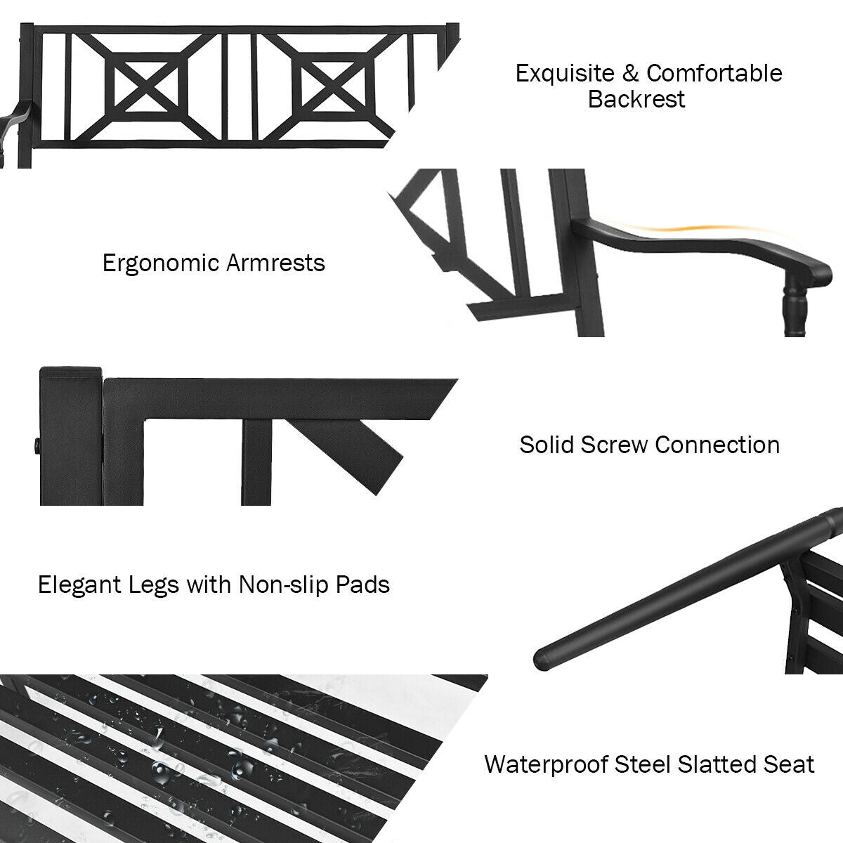 Patio Garden Bench with Powder Coated Steel Frame
