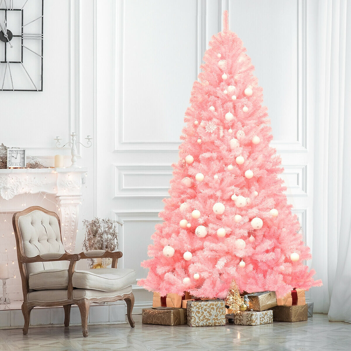 Hinged Artificial Christmas Tree 7.5 Feet Full Fir Tree Pink Holiday Decor