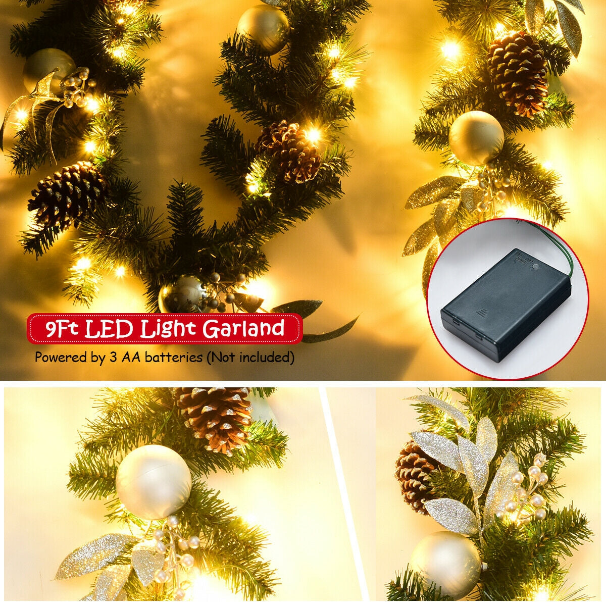 Silver Leaf 9ft Pre-Lit Artificial Christmas Garland with LED Lights
