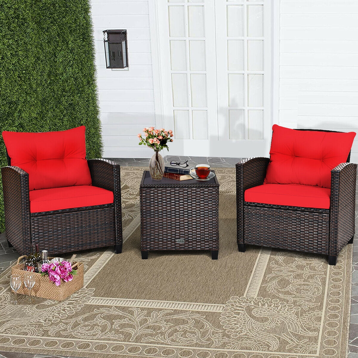 3-Piece Rattan Patio Furniture Set, Brown Rattan, Red Cushions