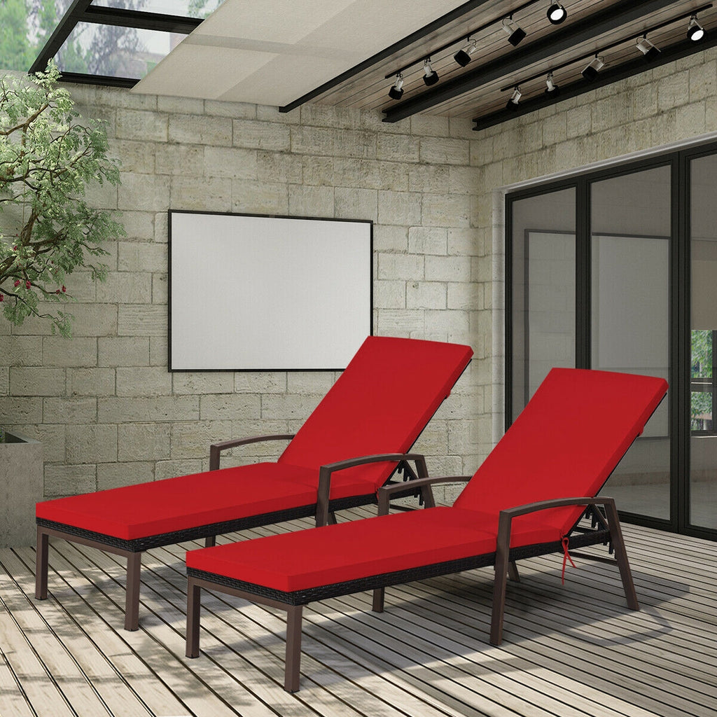 Patio Rattan Reclining Chaise Lounge Chair with Cushion – Red