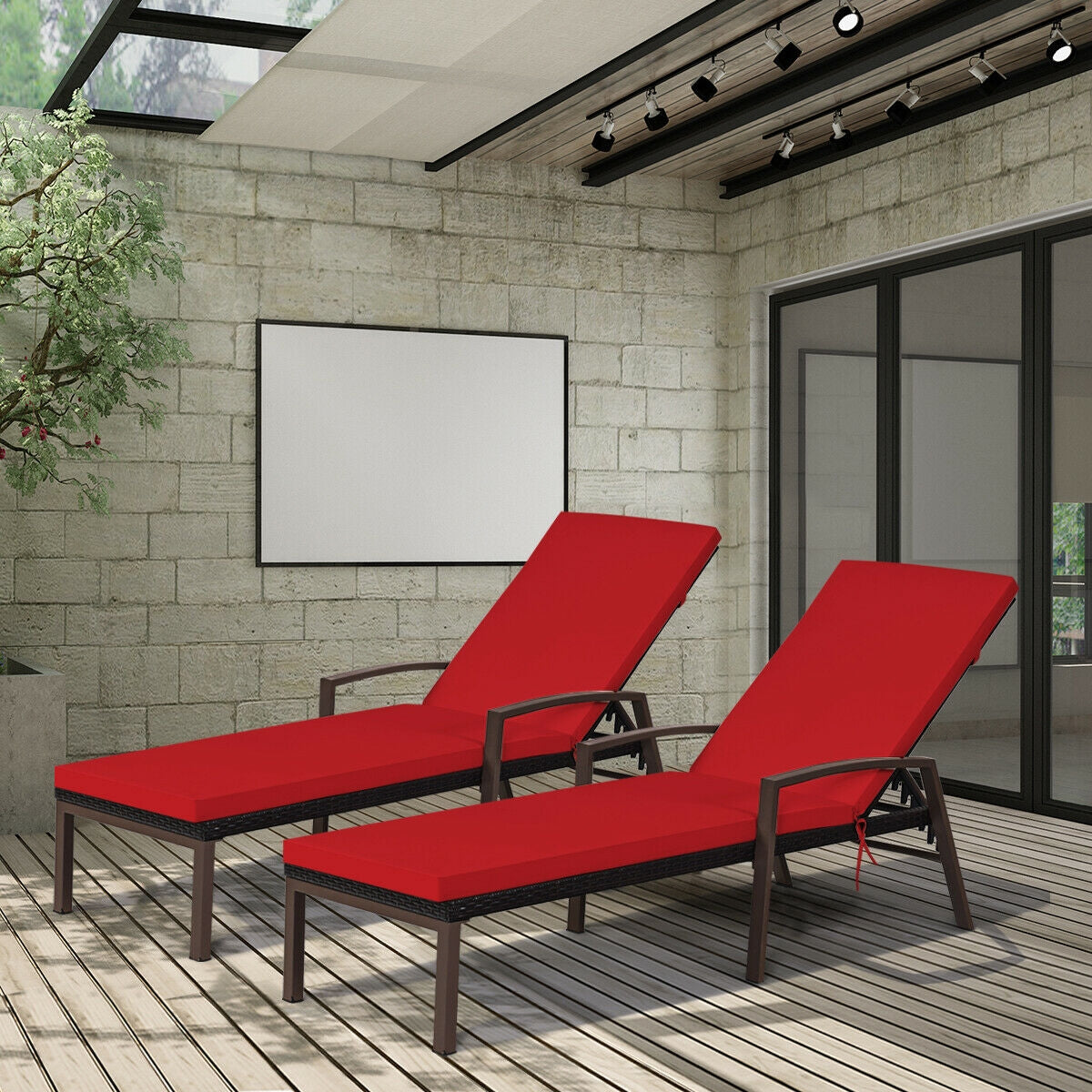 Patio Rattan Reclining Chaise Lounge Chair with Cushion – Red