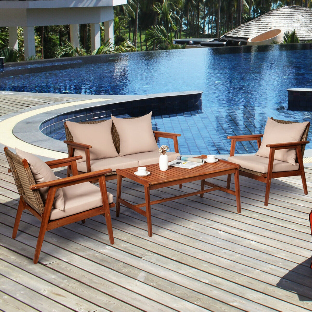 4-Piece Acacia Wood Patio Rattan Furniture Set with Cushions - Brown