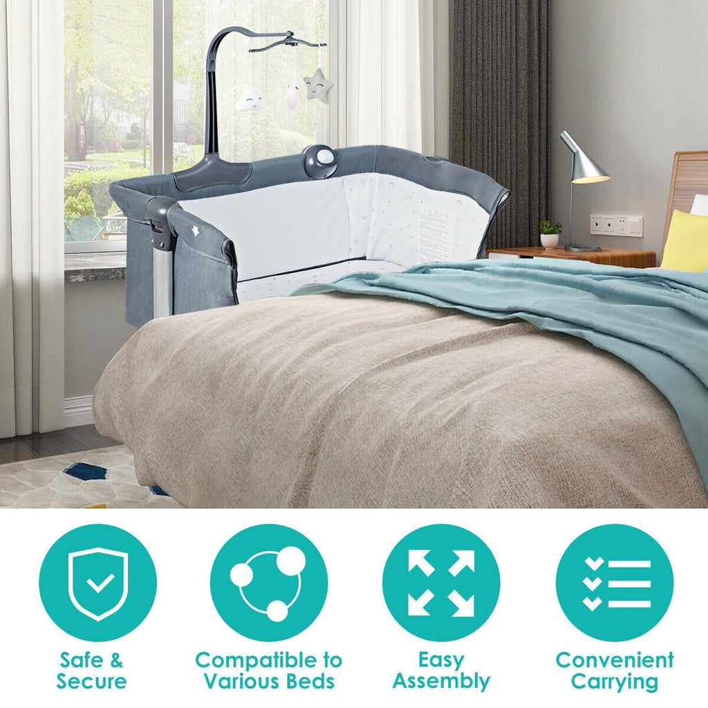 Height Adjustable Baby Side Crib with Music Box & Toys - Dark Gray