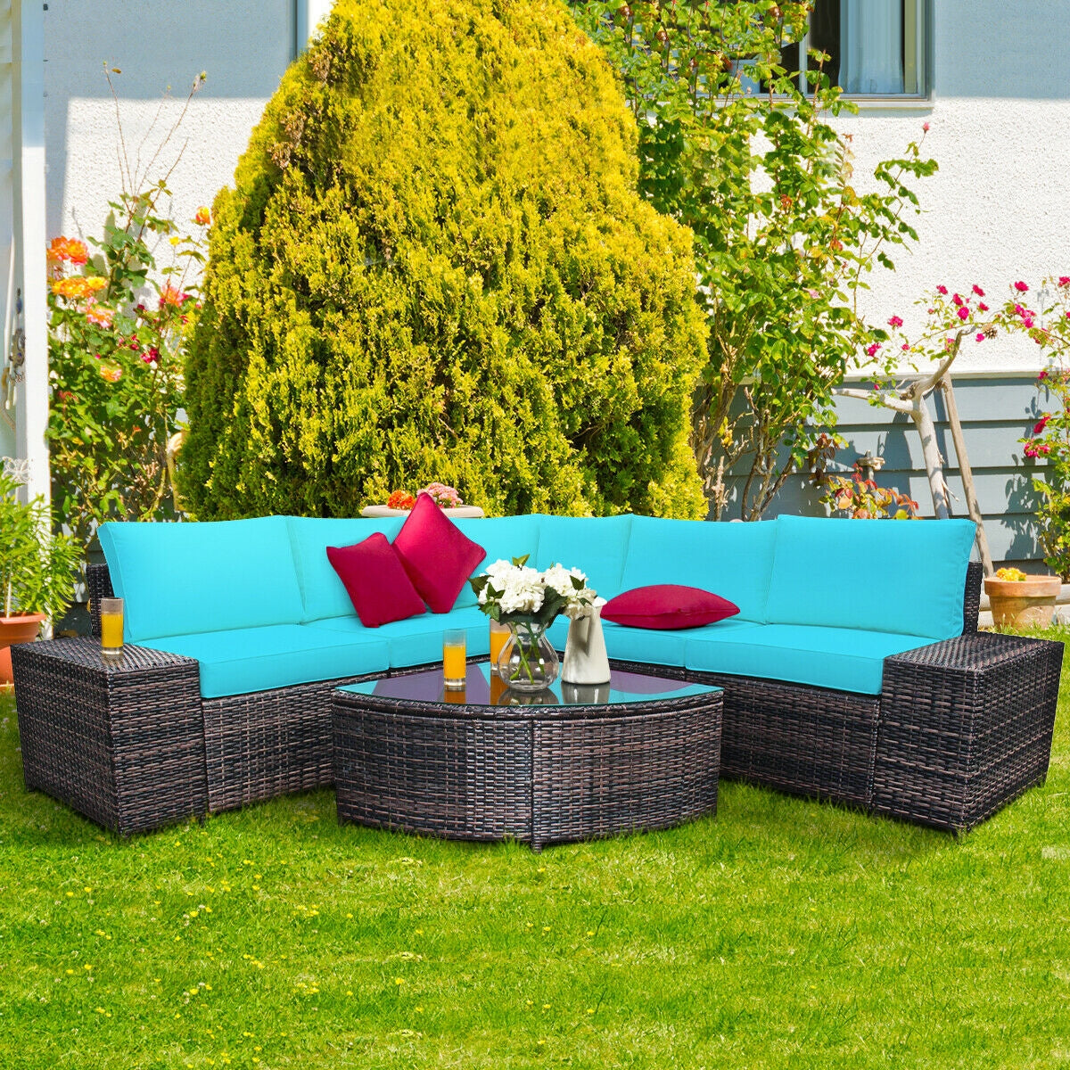 6 Piece Wicker Patio Sectional Sofa Set with Tempered Glass Coffee