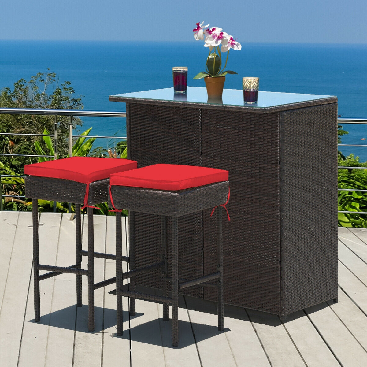3 Pieces Outdoor Rattan Wicker Bar Set with 2 Cushions Stools