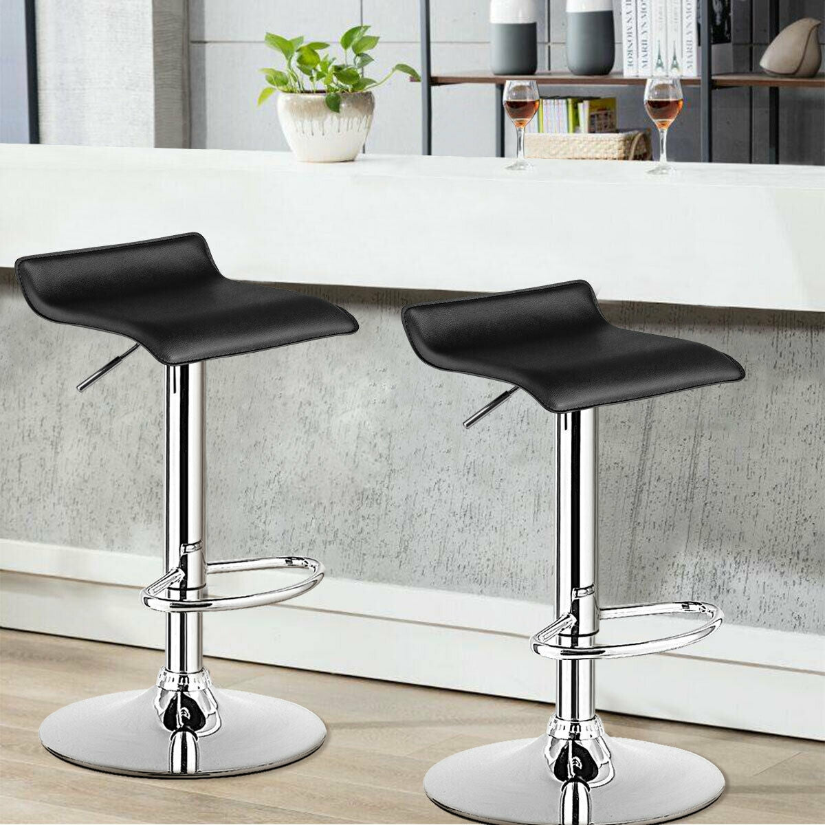Adjustable PU Leather Bar Stools Set of 2 - Black